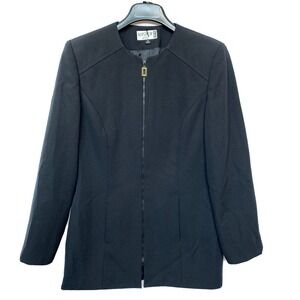 Kasper ASL Zip Front Blazer Womens 8 Black Collarless Crepe Jacket Excellent
